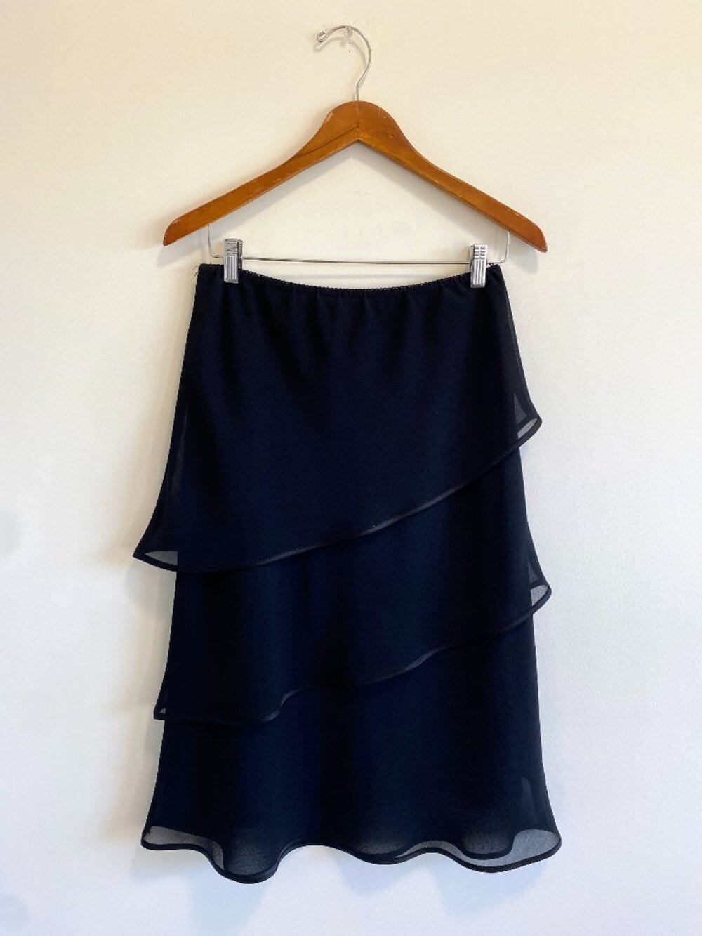 Vintage Black Asymmetric Slip Skirt w/ Tiered Ruffles / Y2K / Made in Canada